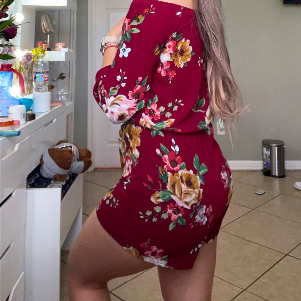 Burgundy flowery romper!